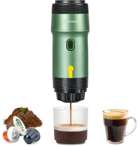 Kssiaz Cafetera Espresso Portátil, Máquina de Café Eléctrica con Autocalentamiento, USB y Cargador de Coche, Mini Cafetera con Cápsula NS y Café Molido para Camping, Senderismo, Oficina, Verde