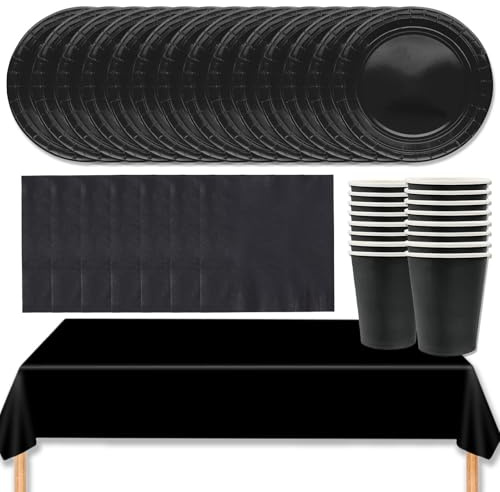 53Pcs Black Party Tableware Set for 16 with Plates Cups Napkins Tablecloth | 16 Black 23cm Paper Plates, 16 Cups 250ml, 20 Napkins, 1 Plastic Tablecloth 137x274cm, Complete Coordinated Set for 16 Guests