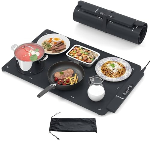 COSTWAY Food Warming Mat, Foldable Electric Silicone Warmer Mat with 3 Adjustable Temperature, Timer, Fast Full Surface Heating, Auto-Off & Safety Lock, Non Slip Food Warmers for Table Party Buffet
