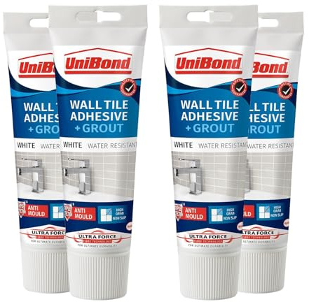 UniBond Anti-Mould 2 in 1 Wall Tile Adhesive & Grout, Waterproof & Durable Formula for Easy Tiling & Sealing, Strong Bond & Long-Lasting Finish, White 300g, 4 Pack