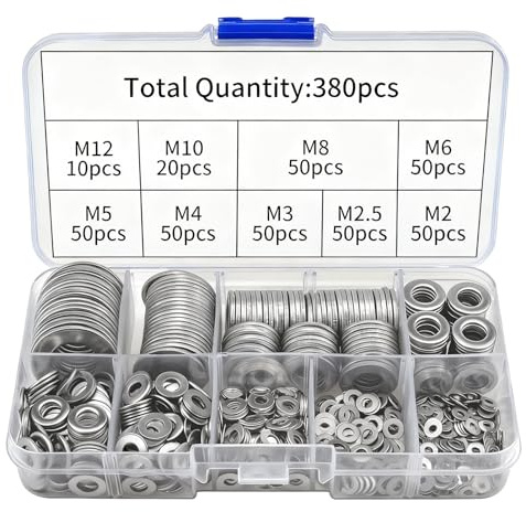 Flat Penny Washers 380Pcs 304 Stainless Steel Washers 9 Sizes: M2-M12 Rust-Resistant Flat Washers for Screws Bolts, Multi-Scene Use for Industry DIY Car Construction