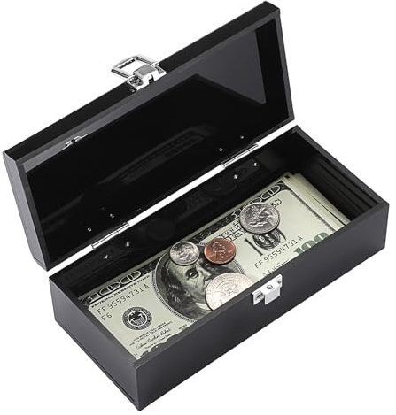 OGANAZI Schwarz Kleine Geldkassette Bargeld Scheine Organizer Acryl Geldbox | Wasserdicht Cash Box mit Deckel für Münzen, Bankkarte, Rechnung, Schmuck (mit Schnalle, nicht verriegelt) 18x8x5,7cm