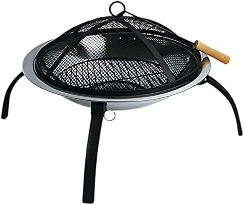 Defacto Feuerstelle Ø 58 cm Edelstahl – Feuerschale & Feuerkorb mit Funkenschutz, Feuerhaken & Klappbeinen – Outdoor Garten & Camping Feuerstelle (DF-FS2150)