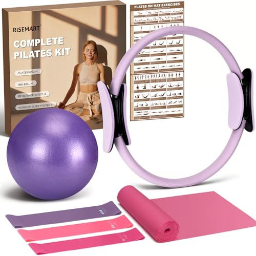 Pilates Kit 9Pcs Home Pilates Set with 13'' Ring, 8'' Ball and 4 Resistance Bands for Women & Men, Pilates Workout Equipment Set for Beginners with Professional Pose Guides & Tote Bag (Purple)
