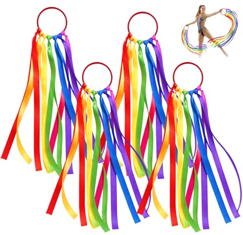 Rainbow Ribbon Dance Ribbons for Children, Coloured Scarves for Sensory Play and Gymnastics, 4-Piece Streamer Set for Dance Equipment and Party Activities, 45 cm Length for Creative Movement Exercises