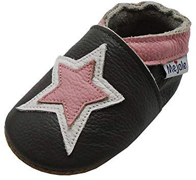 Mejale Leder Babyschuhe Lauflernschuhe Krabbelschuhe Kleinkind Kinderschuhe Hausschuhe (6-12 Monate/5.1 Zoll, Dunkelgrau, Rosa Stern,M)