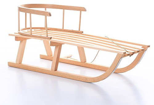 Holzschlitten mit Rückenlehne Kinderschlitten Lehne Zugseil Rodel aus Holz Schneebob Gratis von rg-vertrieb