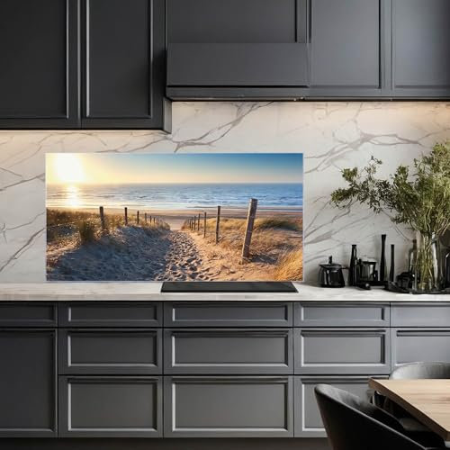banjado Küchenrückwand Glas ohne Bohren 100x50cm – Glasrückwand Küche mit Motiv Nordseestrand/Spritzschutz Küchenrückwand Glas/selbstklebende Küchenrückwand Platte - magnetisch & beschreibbar