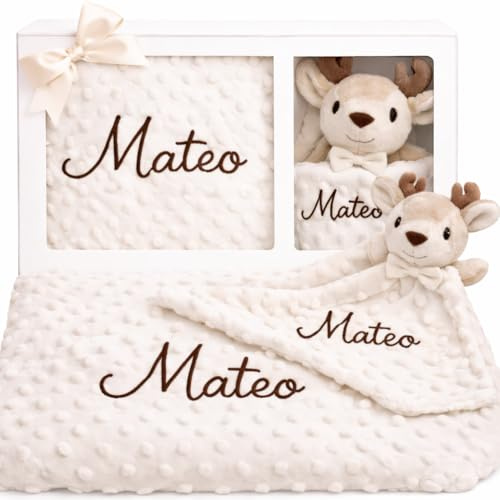 mibebestore Pack Manta Bebe Personalizada + Doudou Bordado Regalo Personalizado para Recien Nacido Niño o Niña Mantita Minky Suave 80x100cm Dou Dou 25x25 cm Cuna Coche Detalle Tierno