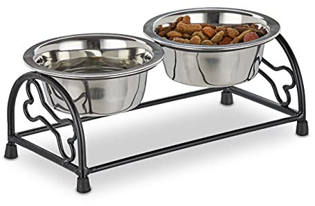 Relaxdays Hundskål med hållare, skålställ hundar och valpar, 2 skålar i rostfritt stål på vardera 300 ml, foderbar, svart/silver
