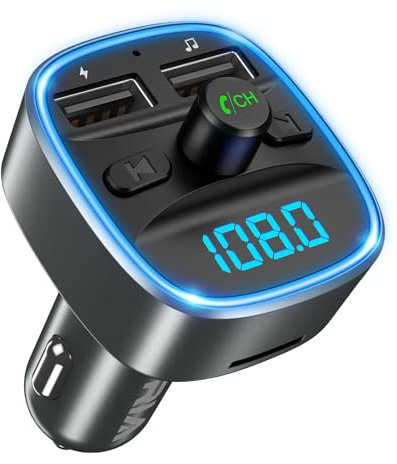 ORIA Bluetooth 5.3 FM Transmitter, Auto Bluetooth Adapter mit 2 USB Aufladung, KFZ Radio Adapter, LED Display Freisprechen Car Kit, Unterstützt TF Karte & USB-Stick - Grau