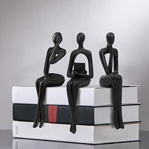 3Pcs Home Decor Gold Thinker Statues Resin Sculpture Accents, Modern Abstract Ornaments Bookshelf Collectible Figurines, Shelf Decorations for Living Room Office Table Dining Desk,Black