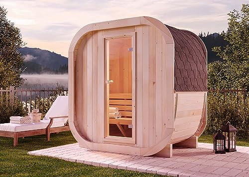 FinnTherm Fasssauna ScandiCube Mini XXS, Moderne Outdoor Sauna inkl. Dacheindeckung und Fußboden, Ø 214 x 130 cm, 4,5 m³ Volumen, Gartensauna mit 42 mm Wandstärke, Außensauna aus nordischer Fichte