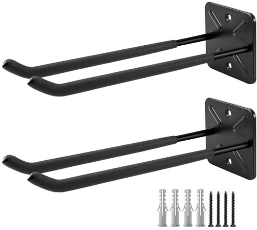 Joyseedi 2 ganchos de garaje para cargas pesadas, color negro, gancho de pared resistente, universal, almacenamiento grande, doble gancho para bicicleta, organizador de cobertizo para herramientas de