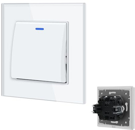 BSEED Lichtschalter mit Steckklemme, Unterputz Lichtschalter Glas 1 Fach 3 Wege, Wechselschalter mit LED Kontrollleuchte, Taster Schalter Unterputz Kreuzschalter für Wohnzimmer, Büro, Küche-Weiß