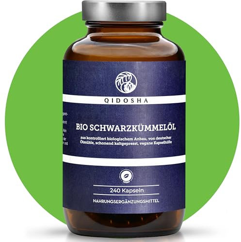 QIDOSHA® Bio Schwarzkümmelöl mit deutschem Rohmaterial, 240 Kapseln je Glas, vollständig vegan (auch vegane Kapselhülle), kaltgepresst, hoher Thymochinon-Gehalt, original Nigella sativa