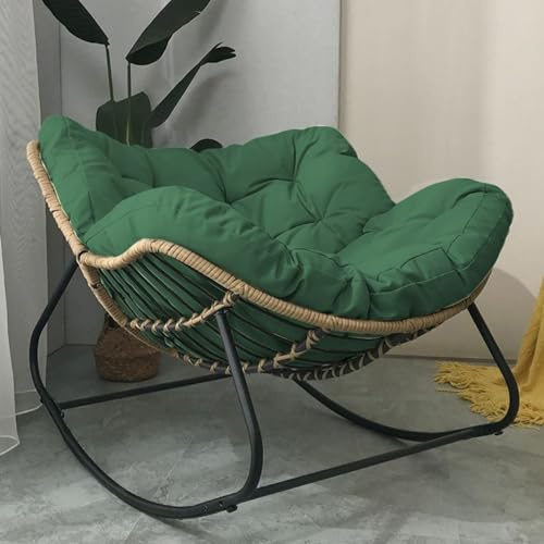 Patio Rocking Chair Outdoor Papasan Chair with Cushion Padded, Indoor Oversized Rattan Wicker Lounge Chair, Egg Rocking Chair Rocker Chair Metal Frame Large Supports Modern Chair (Green)