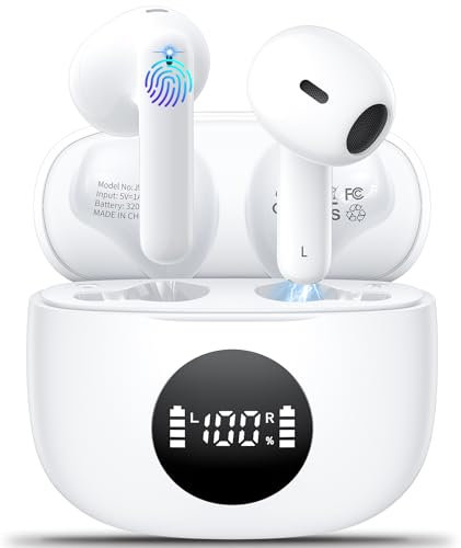 Cuffie Bluetooth, Auricolari Bluetooth Sport 5.3 con 4 HD Mic 40H Autonomia Cuffiette Wireless HiFi Stereo ENC Cancellazione Rumore LED Display Touch Control IPX6 Impermeabili,for iOS Android, Bianco