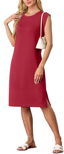 GRECERELLE Womens Summer Midi Dress 2025 Casual Crew Neck Shirt Dresses Elegant Wrinkle-Free Sleeveless Dresses for Women UK with Split and Pockets
