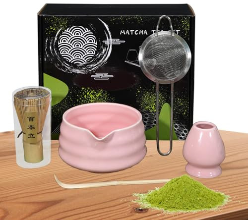Set da tè giapponese in ceramica, con setaccio ultra fine, kit completo per la preparazione del matcha, include ciotola da 560 ml, frusta e spatola Bmboo, supporto per frusta, per la