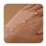 VelvetGlow Bracelet chaîne de main doré pour femmes, bague doigt en or 18k avec zircon, mauvais œil cœur trèfle marguerite, maillon empilable, bijou hypoallergénique, cadeau tendance