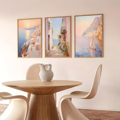 Genérico Conjunto de 3 pósteres – Paisaje romántico de verano rosa con bahía italiana – Cuadros de pared sin marco – Impresión artística en lienzo para decorar el dormitorio y el salón (30 x 40 cm)