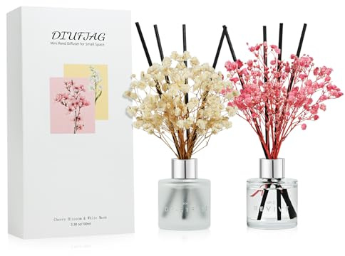 DIUFJAG Körsbärsblomma/vit mysk blommor rumsdoft doftpinnar med 8 pinnar, hemdoft körsbärsblomma vit musk reed diffuser luftrenare för sovrum kontor badrum hylla dekor 2 x 50 ml