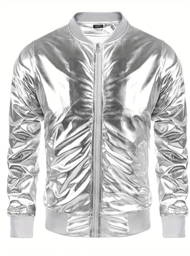 Generisch Chaqueta de invierno para hombre, chaqueta de ocio, brillante, metálica, discoteca, fiesta, béisbol, abrigo con cremallera, ligero, cómodo y elegante, Blanco, L