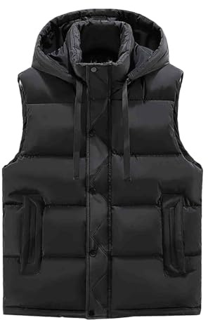 Gilet da uomo leggero, trapuntato, imbottito, senza maniche, con cappuccio, per golf, corsa, escursionismo, equitazione, Nero , 4XL