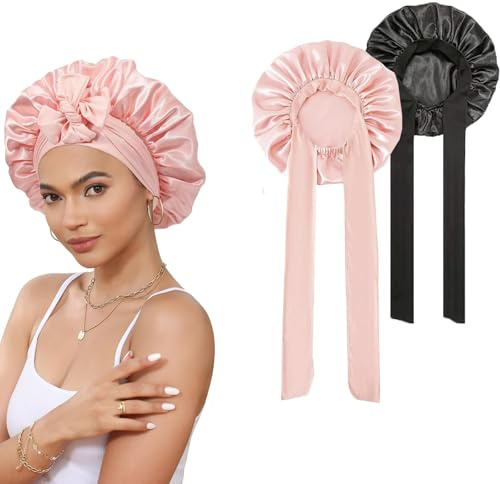 Neuytiky Lot de 2 Bonnets Cheveux Nuit,Élastique Bonnet Satin,Bonnet de Nuit en Satin pour Le Soin des Cheveux