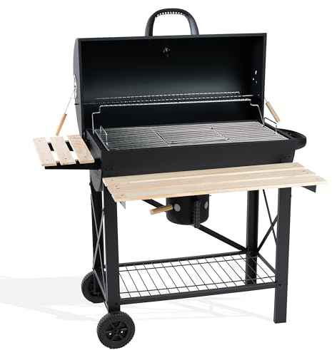 Barbecue Charbon de Bois XXL avec Couvercle | Barbecue à Charbon Américain | Barbecue Extérieur avec grille 71x38 cm | 2 Tablettes en bois Rabattables | Récupérateur de Cendres | Ravigarden