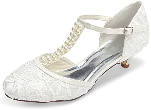 JIAJIA 01129 Damen Brautschuhe Geschlossene Zehe T-Riemen Niedrige Ferse Spitze Satin Pumpen Nachahmung Hochzeitsschuhe Farbe Elfenbein,Größe 42 EU