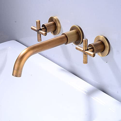 Copper Concealed, Bathroom Sink Taps, Mixer, Double Lever, Wall Mounted Bath taps, Three Holes, Basin taps hot and Cold, Basin Mixer taps Bathroom, Antique_Siamese