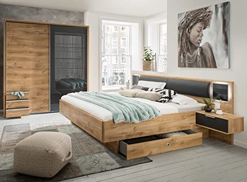PEGANE Chambre à Coucher complète Adulte (lit 160x200 cm Queen Size + 2 chevets + 2 tiroirs + Armoire) Coloris Imitation chêne Poutre/Graphite