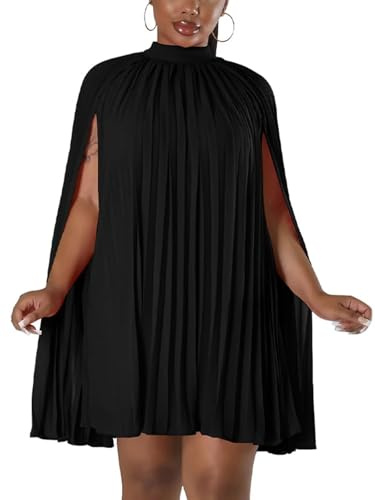 Ekaliy Women’s Stand Collar Cloak Long Sleeve Cape A Line Dress Elegant Pleated Mini Evening Dress Black S