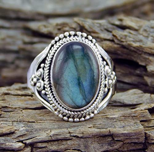 ASFKIPMF Anillo de plata de ley 925 con piedra lunar turquesa para mujer, joyería de boda, joyería nupcial, anillo de concha de plata de ley 925, estilo bohemio, elegante, talla S