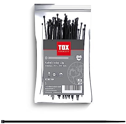 TOX Kabelbinder Clip, Schwarz, UV-beständig, universell einsetzbar im Innen- und Außenbereich, zur sicheren Befestigung im Haus, Büro und Garten, Größe 4,8 x 300 mm, 100 Stück, 099600028