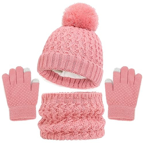 Baynetin Echarpe et Gants Bonnet Ensemble 3Pièces, Enfant Tricoté Tour de Cou Chaud Bonnet Gants à écranTactiles, Hiver Accessoires pour Fille Garçon 2-8 Ans Ski Activité de Plein Air (Rose2)