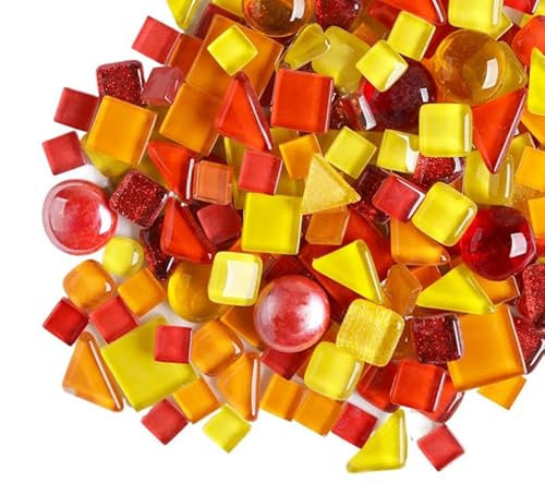 200g Kristall-Mosaik-Glasfliesen, Irregulär Bunte Kleine Mosaiksteine Glasstücke zum Basteln, Haus Deko(Rot und Orange)