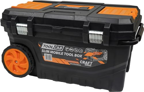 Tool Lab Mobile Rolling Slimline Tool Box with Pull Along Handle, Metal Latches, Large Storage Area, Pull Out Tool Try, two Separate Small items Holders, Wheels For Home and Work