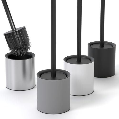 SAVEGA Scopino WC Silicone con Portascopino Inox e Coperchio Protettivo – Scopino Bagno WC Igienico e Resistente (Grigio Opaco)