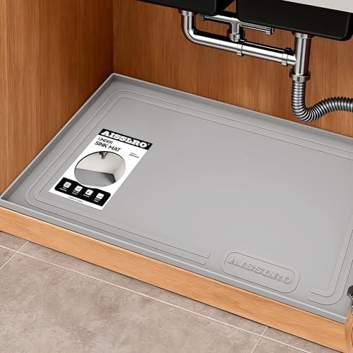 Aisslro Under Sink Mat 22 X 19, Waterproof Silicone Cabinet Organizer Protector with Raised Edge, Kitchen & Bathroom Leak Tray, Shelf Liner & Pet Feeding Mat for Dog Cat Food Mats, Gray