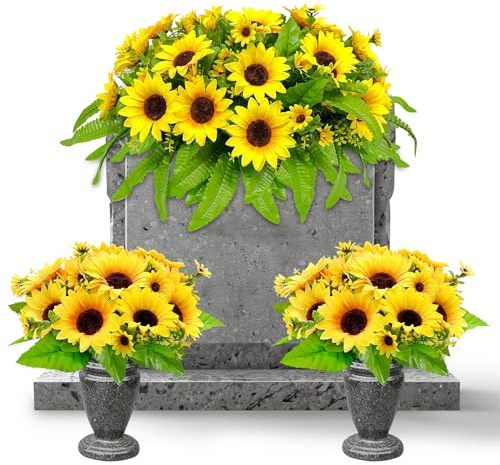GRPFS Juego de 3 piezas de lápida artificial con jarrón de flores de cementerio, ramo de girasoles amarillos, arreglos florales conmemorativos para tumbas