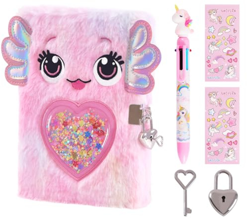 PrinBarBee Axolotl Diario per ragazze con lucchetto e chiavi, diario scolastico e viaggio, set regalo per scrivere e disegnare, penna multicolore, adesivi, regalo di compleanno per ragazze dai 6 agli