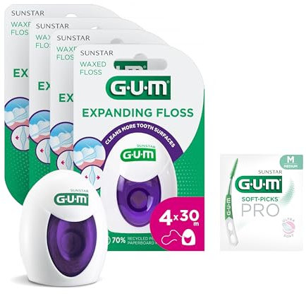 GUM EXPANDING FLOSS Zahnseide/Flauscht während der Verwendung auf/Auch für enge Zahnzwischenräume geeignet/Leicht gewachst/Sanft zum Zahnfleisch / 4x30m (+1 Gratisprobe)