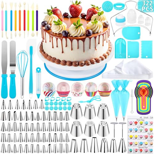 ROELLY Kit Pasticceria Professionale da 322 Pezzi, Utensili da Forno Piatto Girevole per Torte, Set Pasticceria, con Vari Stili di Beccucci sac a Poche, Impara a Cuocere e Preparare Torte
