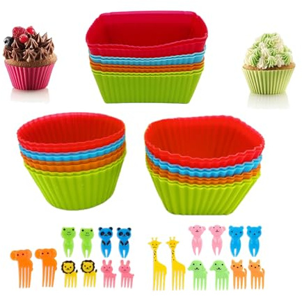 Set di 44 divisori e 24 pirottini riutilizzabili in silicone per cupcake, 20 stecchini animali e fodere antiaderenti per muffin