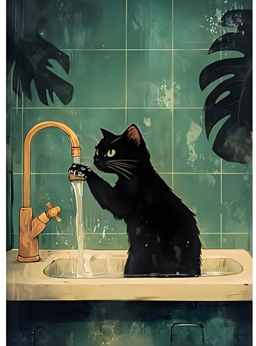 EOBROMD Diamantmålning, svart katt, 5D diamantmålning bilder för vuxna kök, gör-det-själv diamantmålning, set för väggdekoration 30 x 40 cm