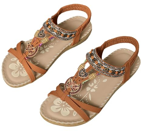Sandales Femme Été Bohême Fleur Avec Strass Perles Sandales Confortables Respirantes Plates Bout Ouvert de Plage Semelle Souple Sandale Vacances