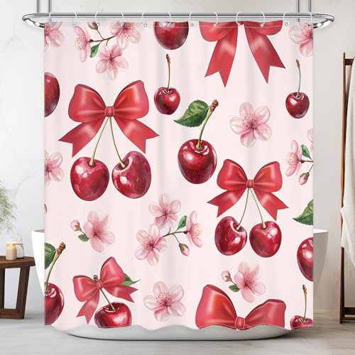 Newsely Cortina de ducha de cerezo con lazo rosa, 152 cm de ancho x 182 cm de alto, diseño floral de frutas rojas, lindo juego de baño femenino estético para niños, coqueta moderna, impermeable